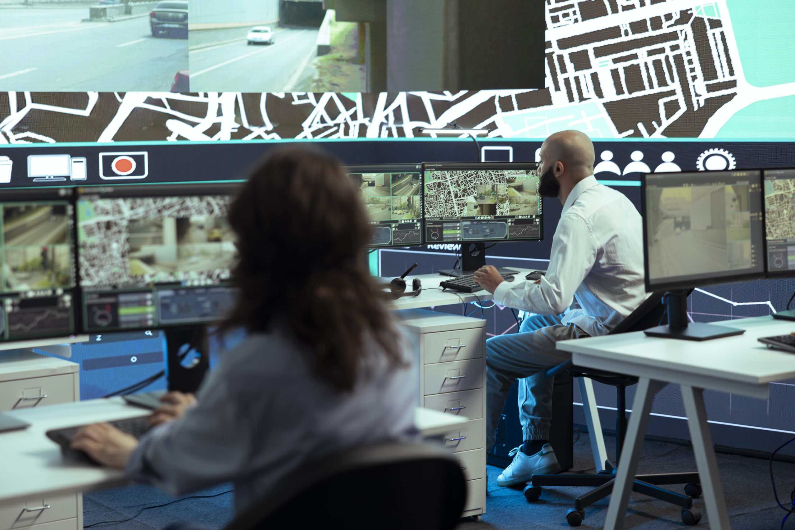 Diverse employees giving gps coordinates to couriers via satellite navigation, using city map to avoid traffic for express delivery service. Operators communicating routes for trucks.